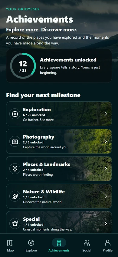 Gridyssey ordinary Achievements interface with fictional demonstration progress