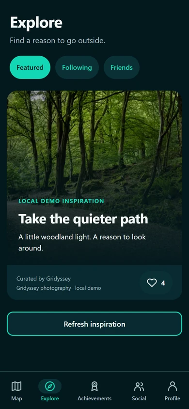 Gridyssey Explore interface showing owned photographs and fictional demo records