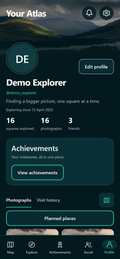 Gridyssey Profile interface for fictional Demo Explorer